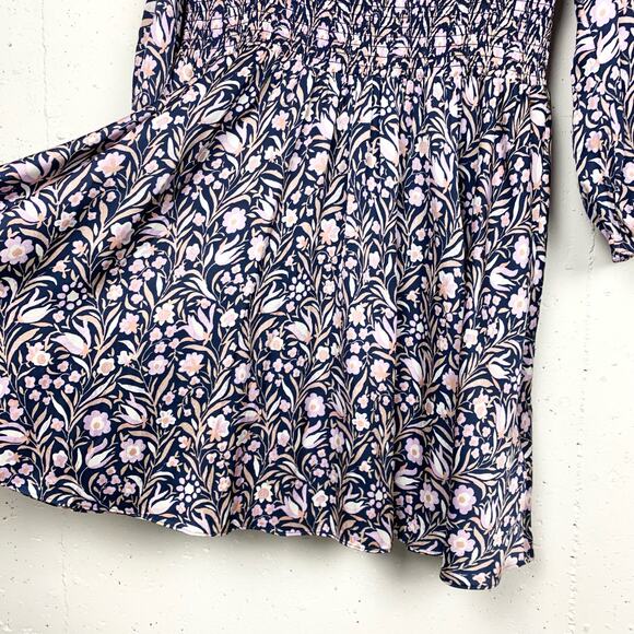 J.Crew V-Neck Mini Dress Floral Fields Navy Smocked Waist Ruffle Neck Medium - Picture 5 of 16